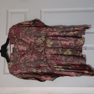 DKNY Gold floral silky tunic style blouse w/elasticat waist so flattering NWOT